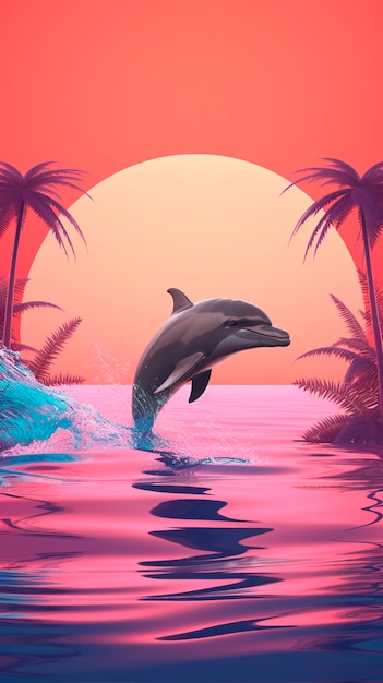 Beautiful dolphin swimming at sunset