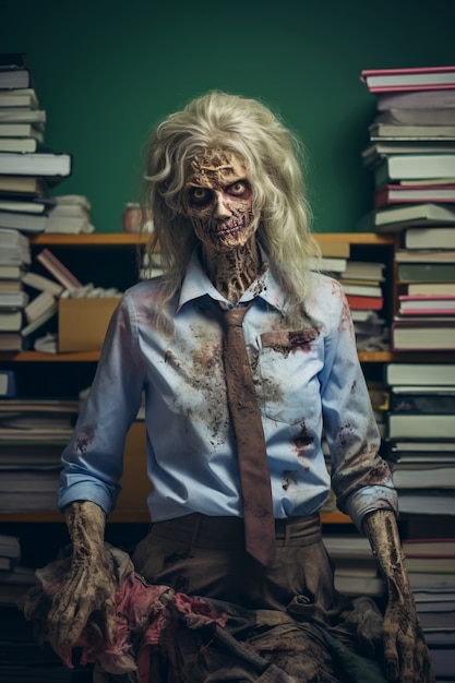 Close up on zombie working in office