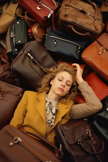 Fast fashion concept with woman on piles of bags