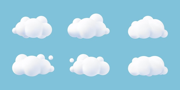 Vector white 3d realistic clouds set isolated on a blue background. render soft round cartoon fluffy clouds icon in the blue sky. 3d geometric shapes vector illustration
